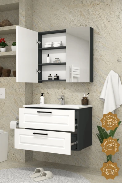 Teta Home Savora 65 cm MDF Gövde Membran Kapak Banyo Dolabı Seti  Antrasit-Beyaz - Resim 2