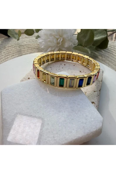 nesdesign Renkli Taşlı Gold Çerçeveli Lastik Bilezik - Resim 2