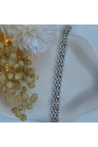 nesdesign 14K Özel Seri Gümüş Rengi Taşlı Kalın Bileklik (17+2 cm) ürün görseli 1