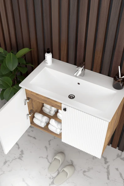 Teta Home Torino 80 cm MDF Gövde Membran Kapak Banyo Dolabı Seti  Atlantik Çam- Beyaz - Resim 3