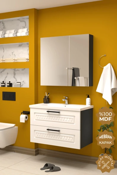Teta Home Floransa 80 cm MDF Gövde Membran Kapak Banyo Dolabı Seti  Antrasit-Beyaz ürün görseli 1