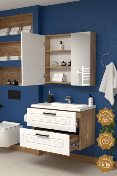 Teta Home Floransa 80 cm MDF Gövde Membran Kapak Banyo Dolabı Seti  Atlantik Çam- Beyaz - Resim 2