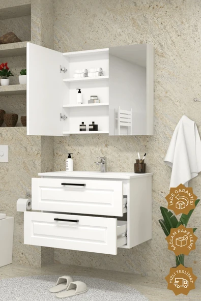 Teta Home Savora 80 cm MDF Gövde Membran Kapak Banyo Dolabı Seti  Beyaz - Resim 2