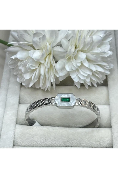 nesdesign Sedefli Yeşil Taş Detaylı Zincir Desen Çelik Kelepçe - Resim 2