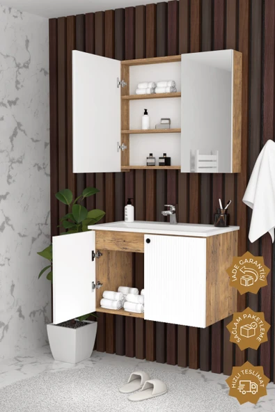 Teta Home Torino 65 cm MDF Gövde Membran Kapak Banyo Dolabı Seti  Atlantik Çam- Beyaz - Resim 2