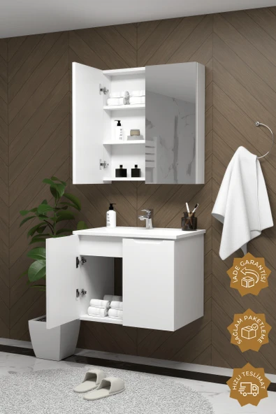 Teta Home Astana 65 cm MDF Gövde Membran Kapak Banyo Dolabı Seti  Beyaz - Resim 2