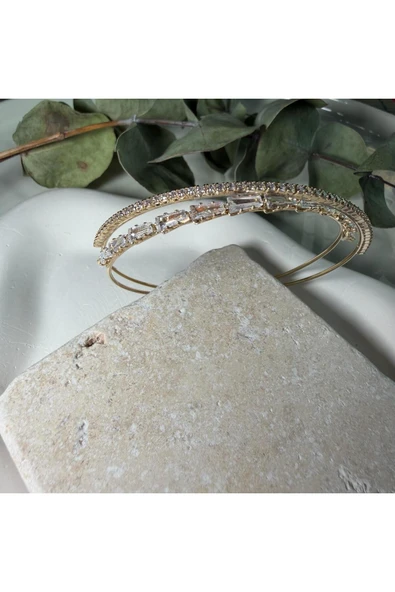 nesdesign Çapraz Zirkon Taşlı Gold Su Yolu Kelepçe - Resim 3