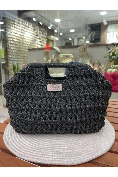 nesdesign Siyah Simli Hasır Clutch Çanta ürün görseli 1