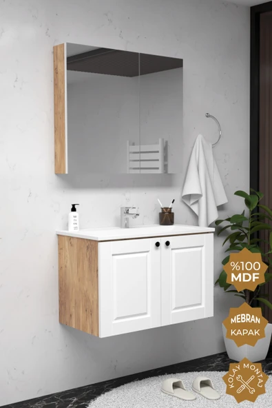 Teta Home Aldera 65 cm MDF Gövde Membran Kapak Banyo Dolabı Seti  Atlantik Çam-Beyaz ürün görseli 1