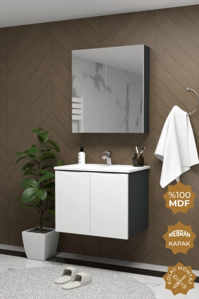Teta Home Astana 80 cm MDF Gövde Membran Kapak Banyo Dolabı Seti  Antrasit-Beyaz ürün görseli 1