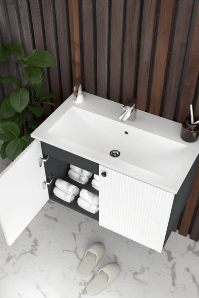 Teta Home Torino 65 cm MDF Gövde Membran Kapak Banyo Dolabı Seti  Antrasit-Beyaz - Resim 3