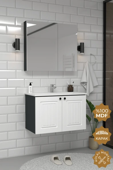 Teta Home Pekin 80 cm MDF Gövde Membran Kapak Banyo Dolabı Seti  Antrasit-Beyaz - Resim 2