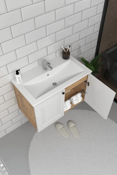 Teta Home Pekin 80 cm MDF Gövde Membran Kapak Banyo Dolabı Seti  Atlantik Çam- Beyaz - Resim 3