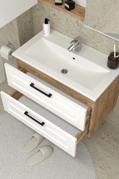 Teta Home Savora 65 cm MDF Gövde Membran Kapak Banyo Dolabı Seti  Atlantik Çam-Beyaz - Resim 3