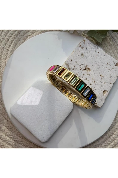 nesdesign Renkli Taşlı Gold Çerçeveli Lastik Bilezik ürün görseli 1
