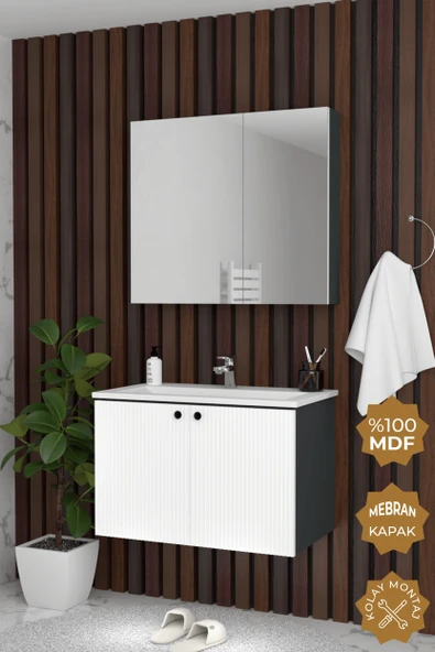 Teta Home Torino 80 cm MDF Gövde Membran Kapak Banyo Dolabı Seti  Antrasit-Beyaz ürün görseli 1