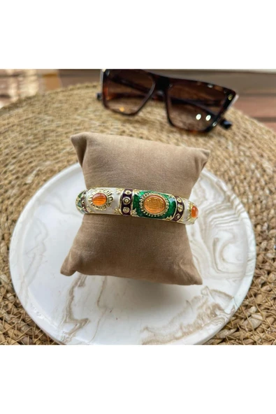 nesdesign Vintage Turuncu Taşlı Etnik Desen Kelepçe ürün görseli 1