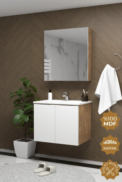 Teta Home Astana 65 cm MDF Gövde Membran Kapak Banyo Dolabı Seti  Atlantik Çam-Beyaz ürün görseli 1