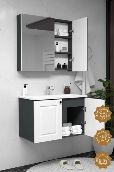 Teta Home Aldera 65 cm MDF Gövde Membran Kapak Banyo Dolabı Seti  Antrasit-Beyaz - Resim 2