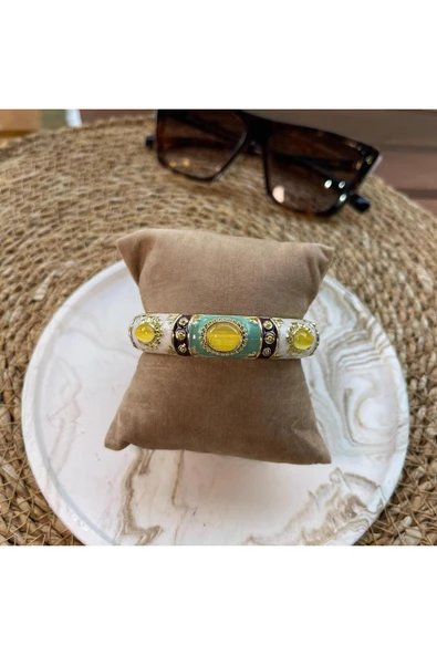 nesdesign Vintage Sarı Taşlı Etnik Desen Kelepçe ürün görseli 1