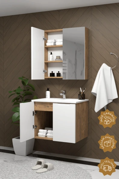 Teta Home Astana 65 cm MDF Gövde Membran Kapak Banyo Dolabı Seti  Atlantik Çam-Beyaz - Resim 2