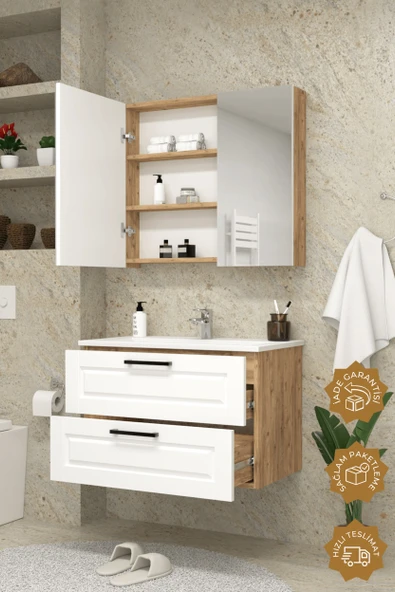 Teta Home Savora 80 cm MDF Gövde Membran Kapak Banyo Dolabı Seti  Atlantik Çam-Beyaz - Resim 2