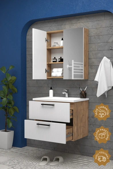 Teta Home Havana 65 cm MDF Gövde Membran Kapak Banyo Dolabı Seti  Atlantik Çam-Beyaz - Resim 2