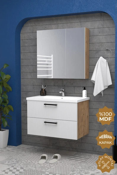 Teta Home Havana 80 cm MDF Gövde Membran Kapak Banyo Dolabı Seti  Atlantik Çam-Beyaz ürün görseli 1