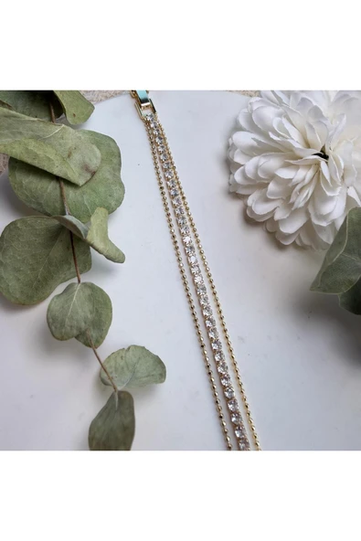 nesdesign Zirkon Taşlı Boncuk Zincirli Üç Sıra Gold Tamtur Bileklik (17 cm) ürün görseli 1