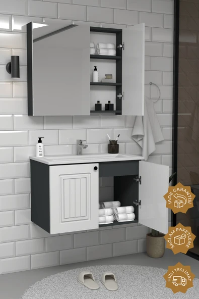 Teta Home Pekin 80 cm MDF Gövde Membran Kapak Banyo Dolabı Seti  Antrasit-Beyaz - Resim 3