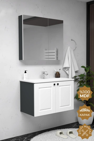 Teta Home Aldera 80 cm MDF Gövde Membran Kapak Banyo Dolabı Seti  Antrasit-Beyaz ürün görseli 1