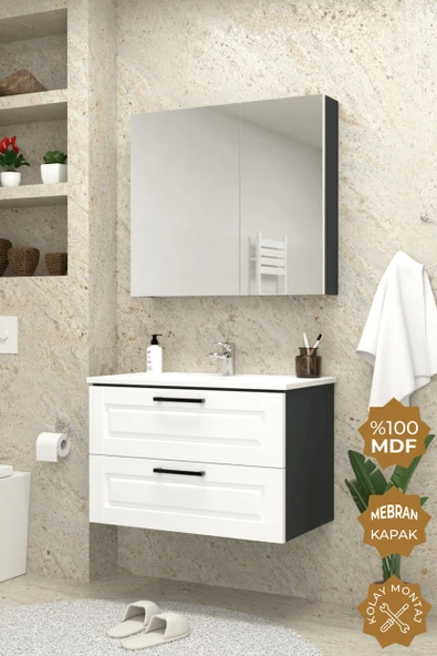 Teta Home Savora 65 cm MDF Gövde Membran Kapak Banyo Dolabı Seti  Antrasit-Beyaz ürün görseli 1