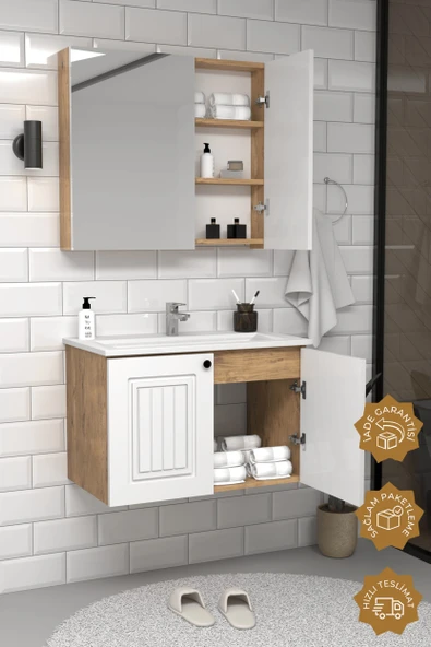 Teta Home Pekin 80 cm MDF Gövde Membran Kapak Banyo Dolabı Seti  Atlantik Çam- Beyaz - Resim 2