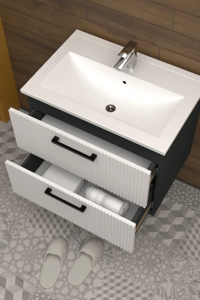 Teta Home Havana 65 cm MDF Gövde Membran Kapak Banyo Dolabı Seti  Antrasit-Beyaz - Resim 3