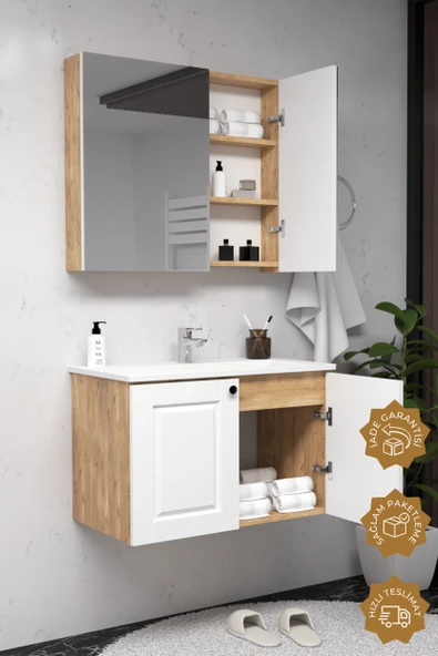 Teta Home Aldera 65 cm MDF Gövde Membran Kapak Banyo Dolabı Seti  Atlantik Çam-Beyaz - Resim 2