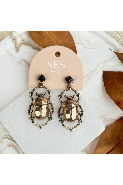 nesdesign Siyah Taşlı Bronz Böcek ZR Küpe ürün görseli 1