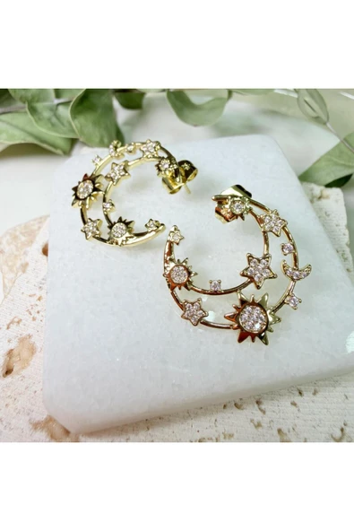 nesdesign 14K Özel Seri Hilal Üzerine Ay Yıldız Güneş Yerleştirilmiş Şık Küpe - Resim 2