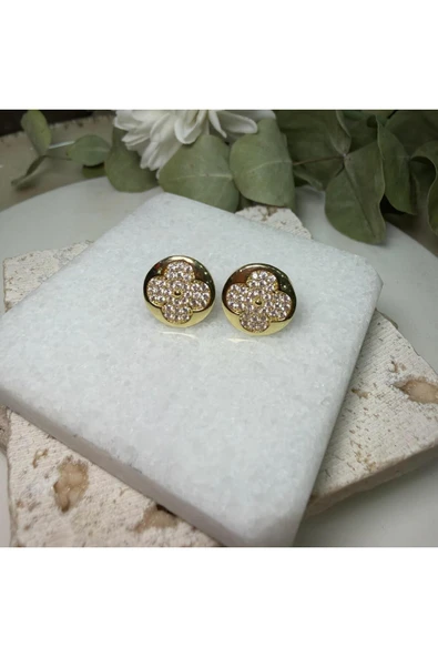 nesdesign Altın Kaplama Taşlı Gold Yonca Düğme Küpe ürün görseli 1