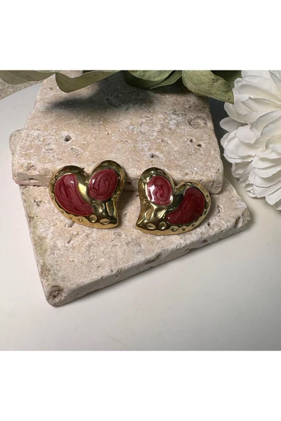 nesdesign Çelik Bordo Kalpli Küpe ürün görseli 1