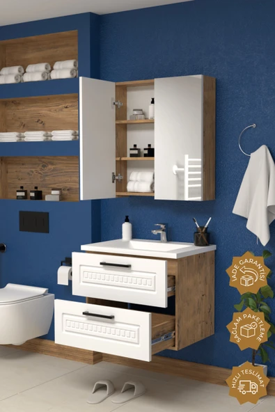 Teta Home Floransa 65 cm MDF Gövde Membran Kapak Banyo Dolabı Seti  Atlantik Çam- Beyaz - Resim 2