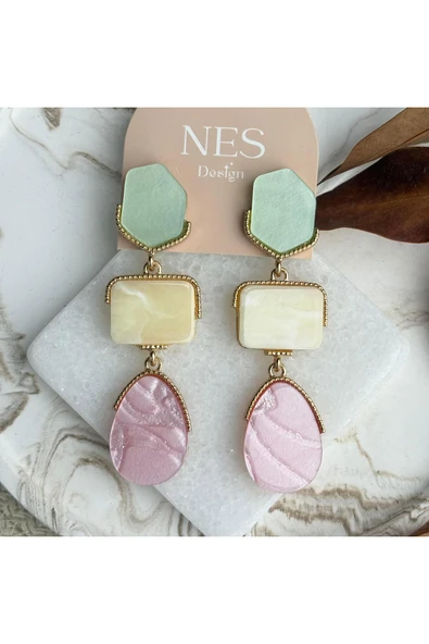 nesdesign Üçlü Yeşil Pembe Mermer Desenli Marka Küpe ürün görseli 1