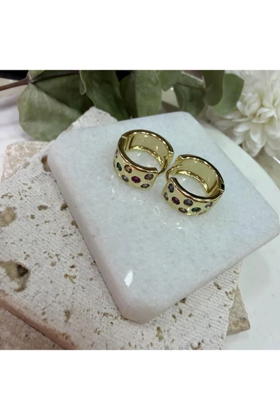nesdesign Altın Kaplama Gömülü Renkli Taşlı Gold Halka Küpe - Resim 2