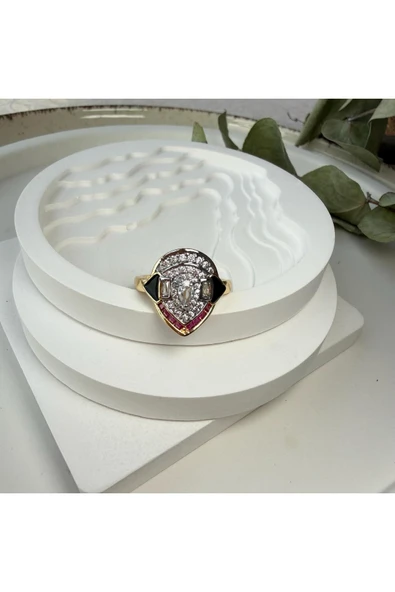 nesdesign Taşlarla Bezelenmiş Damla Model Üzeri Siyah Mineli Ayarlanabilir Yüzük ürün görseli 1