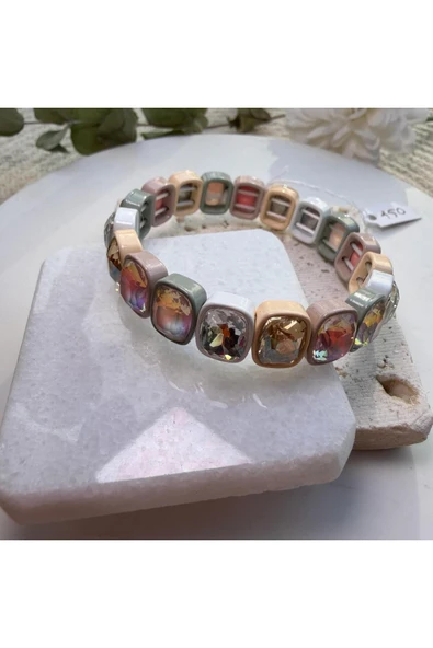 nesdesign Pastel Renkli Dikdörtgen Taşlı Lastik Bilezik ürün görseli 1