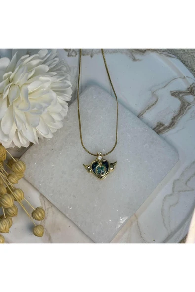 nesdesign Çelik Mavi Taşlı Kanatlı Kalp Kolye (44 cm) ürün görseli 1