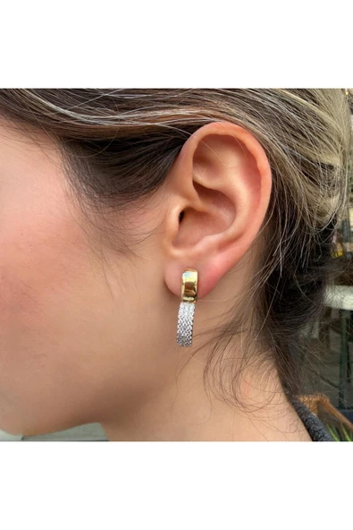 nesdesign Arkadan Takmalı Taşlı İki Renk Kanca Model Küpe ürün görseli 1