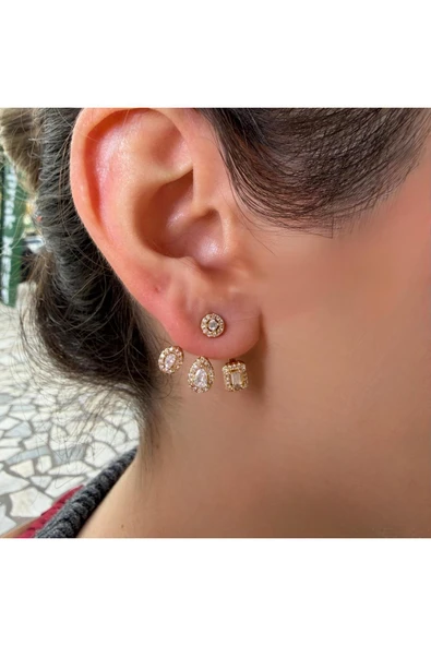 nesdesign Arkadan takmalı Ayarlanabilir Üç Kesim Taşlı Gold Küpe ürün görseli 1