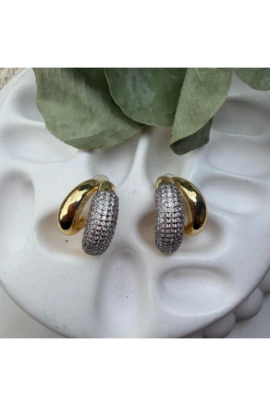 nesdesign İkili Taşlı Bombeli C Model Gold Küpe - Resim 2