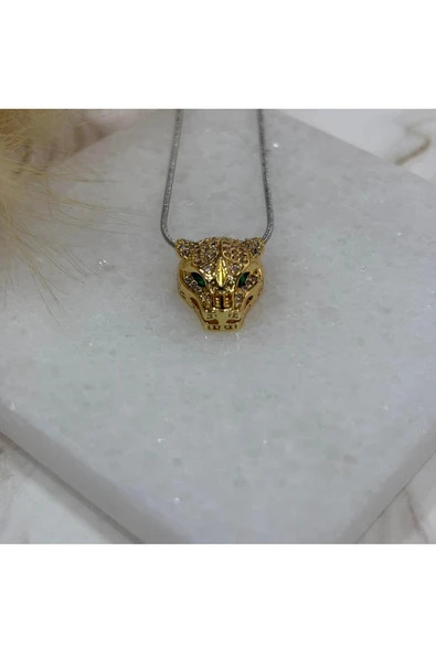 nesdesign Çelik Yeşil Gözlü Taşlı Kaplan Kolye (46 cm) - Resim 2