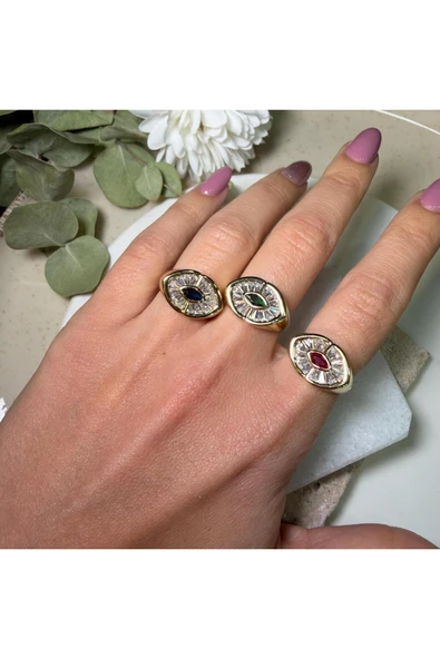 nesdesign Pembe Zirkon Taşlı Gold Göz Yüzük - Resim 3